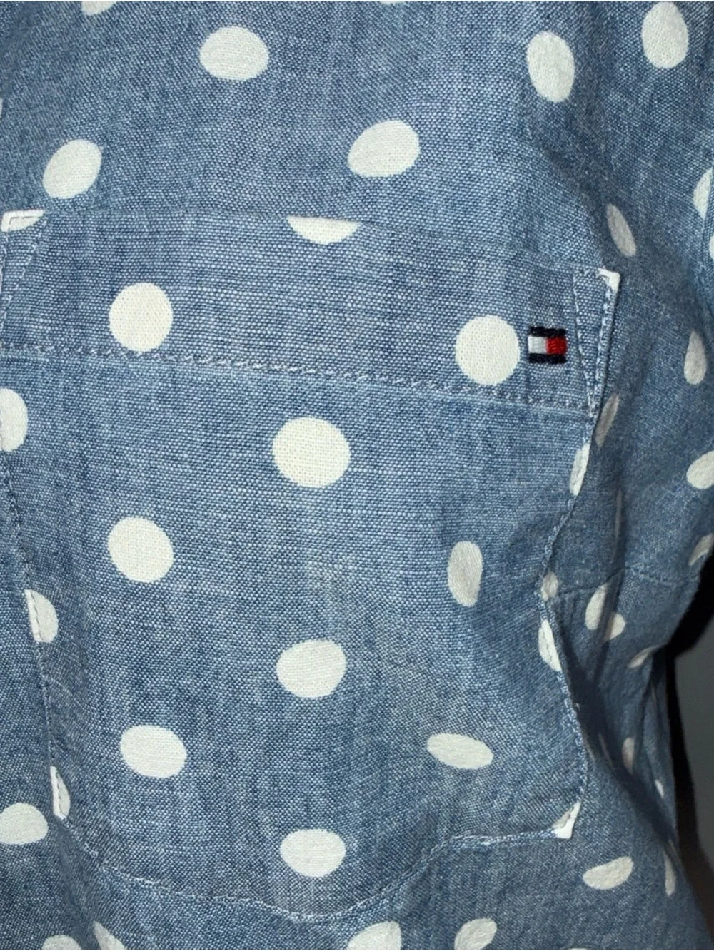 Tommy Hilfiger Shirt M Blue Polka Dot 3/4 Roll Tab Sleeve Button Down *READ - Picture 4 of 10